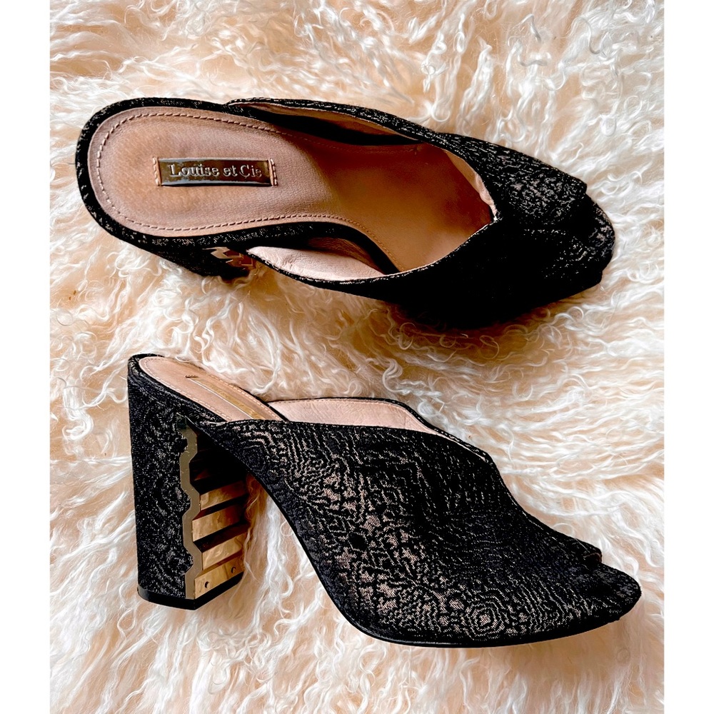 EUC Louise et Cie Brocade Mule Heels with Gorge. Gold Detail Size 10M/40 Comfy!